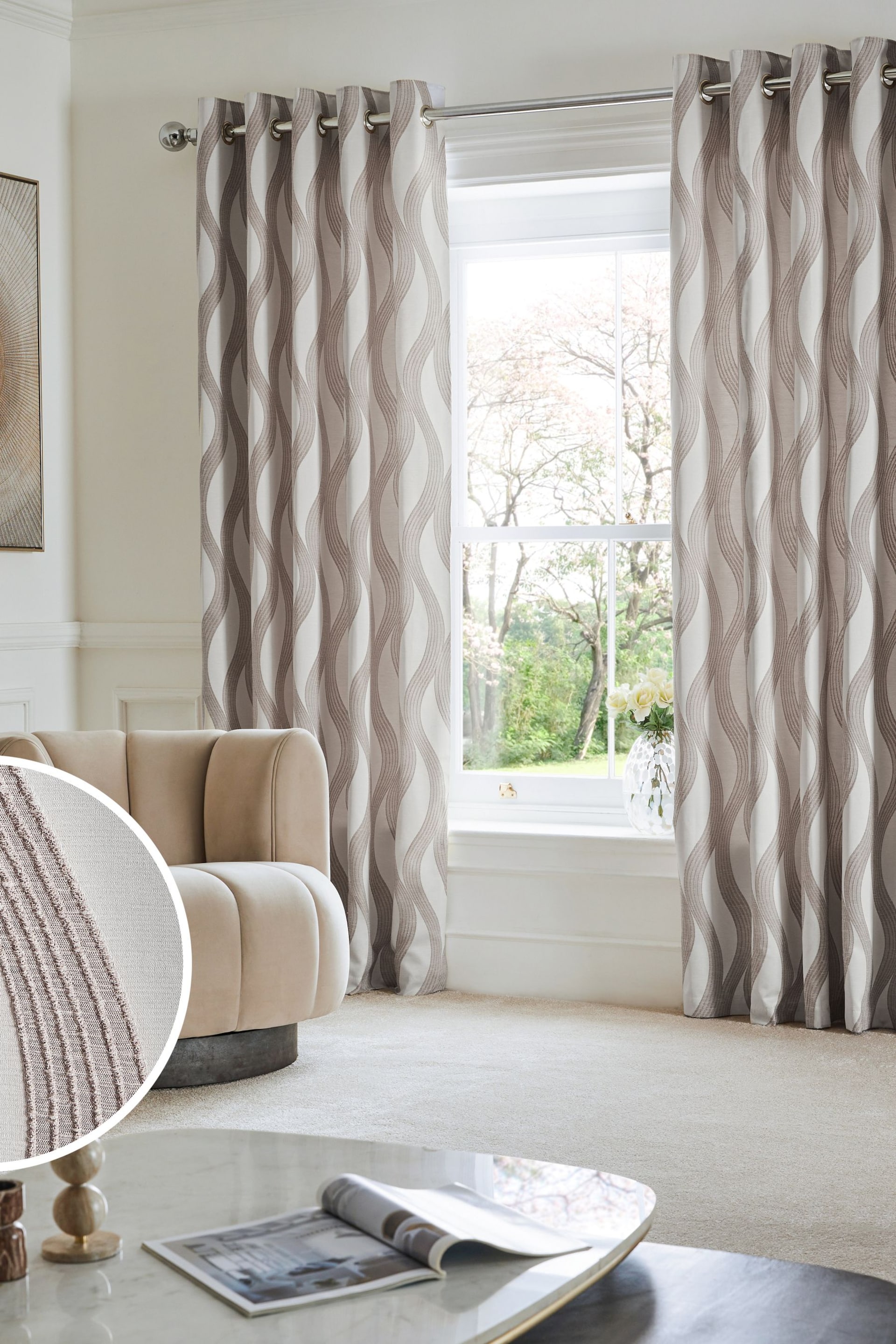 Natural Jacquard Swirl Eyelet Lined Curtains - Image 1 of 5