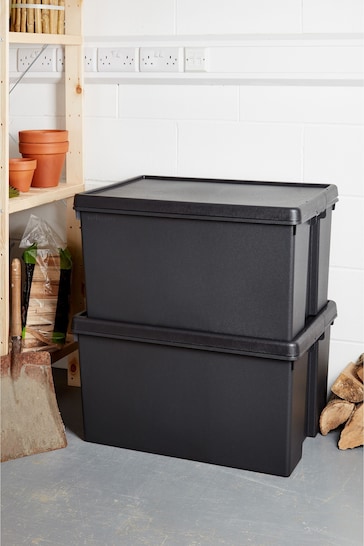 Wham Set of 2 Black Bam 96L Heavy Duty Plastic Recycled Boxes With Lid