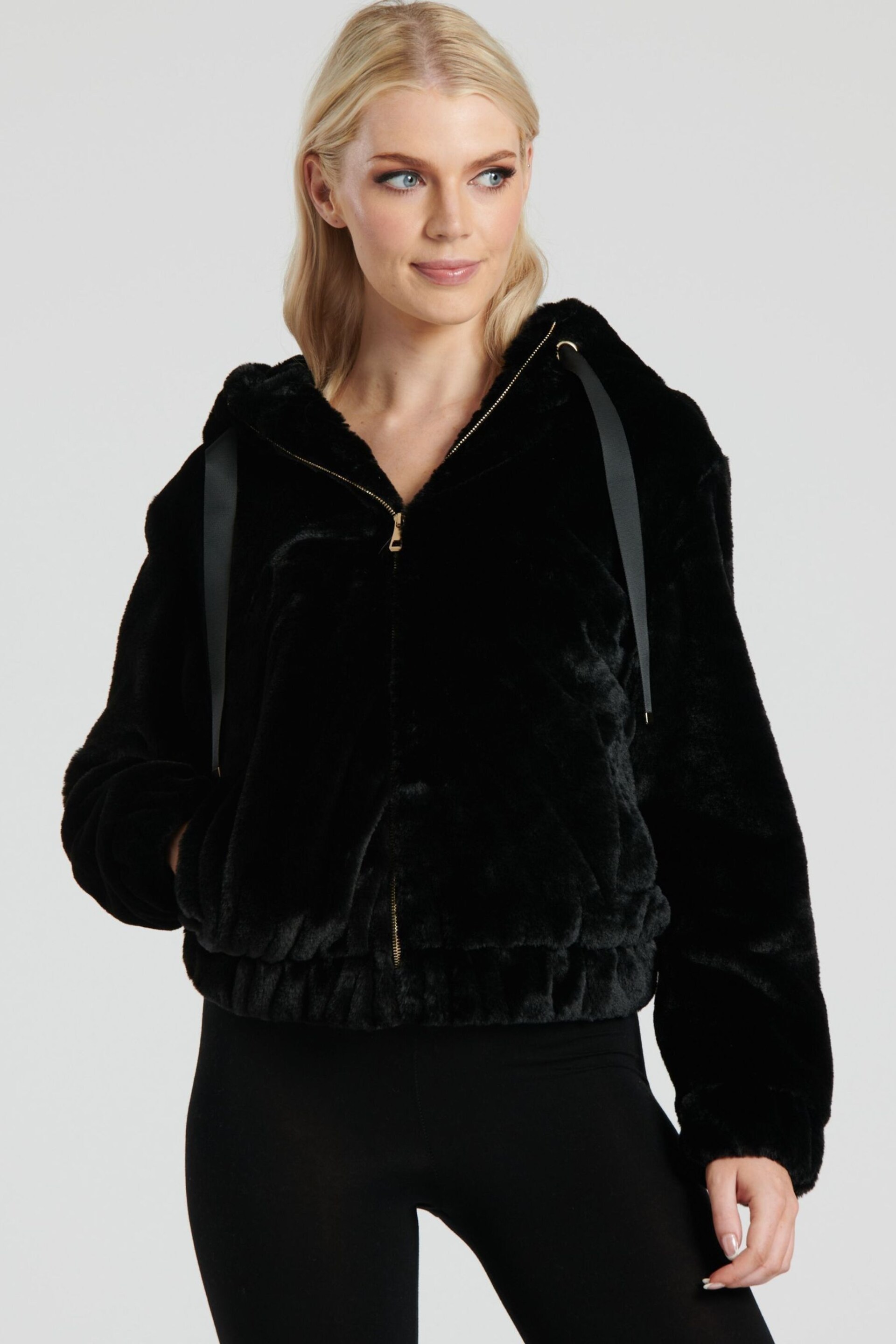 South Beach Black Faux Fur Hooded Jacket - Image 1 of 5