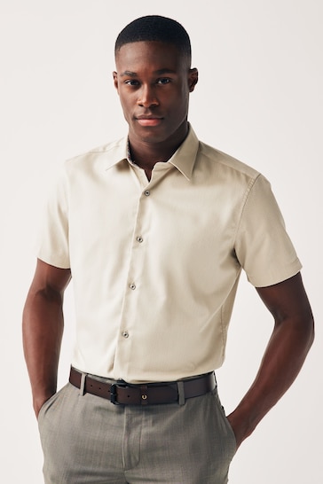 Neutral Brown Slim Fit Trimmed Formal Short Sleeve Shirt