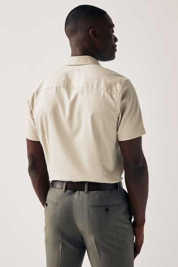 Neutral Brown Slim Fit Trimmed Formal Short Sleeve Shirt