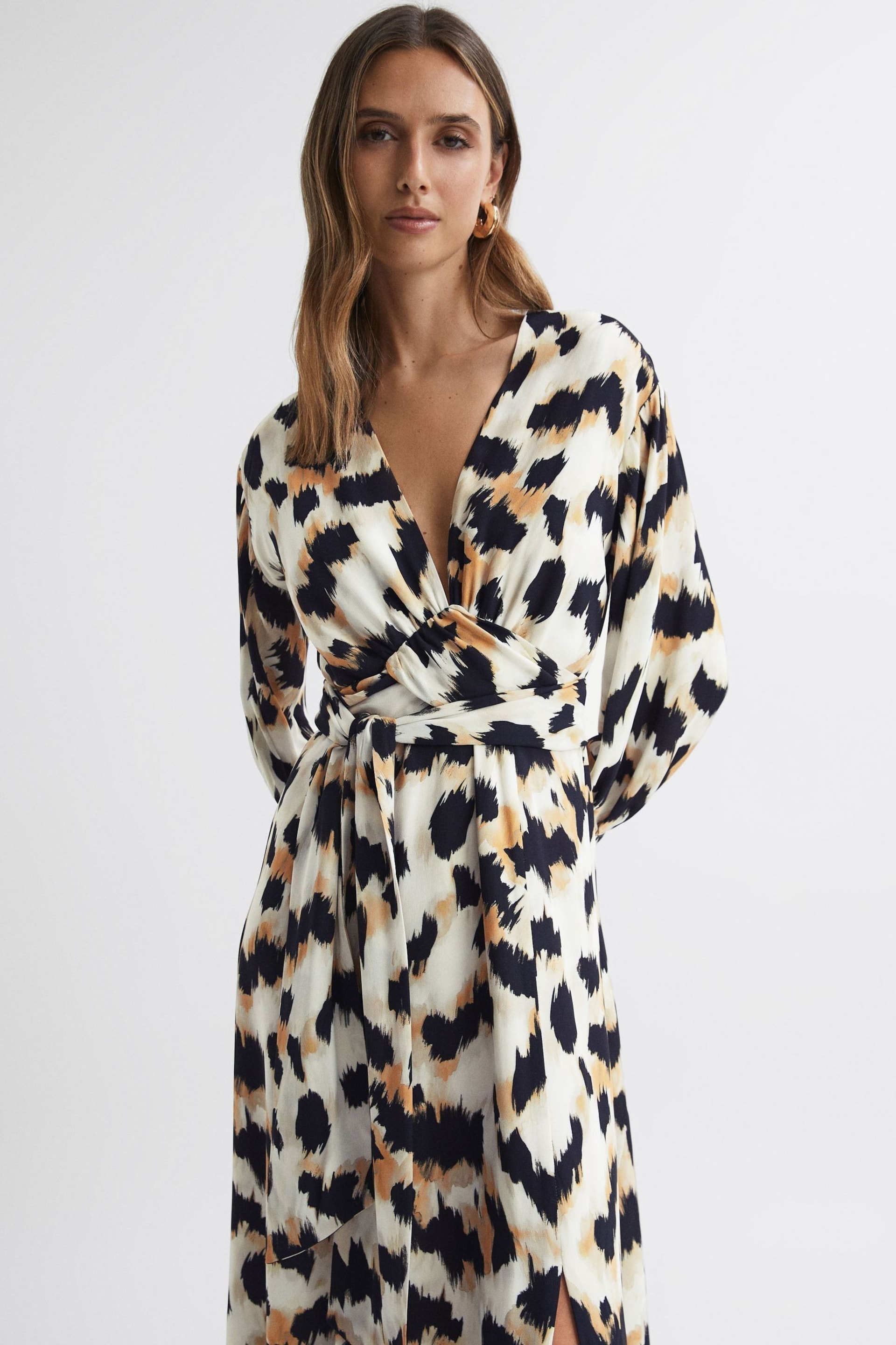 Reiss Black/White Marie Animal Print Midi Dress - Image 1 of 4