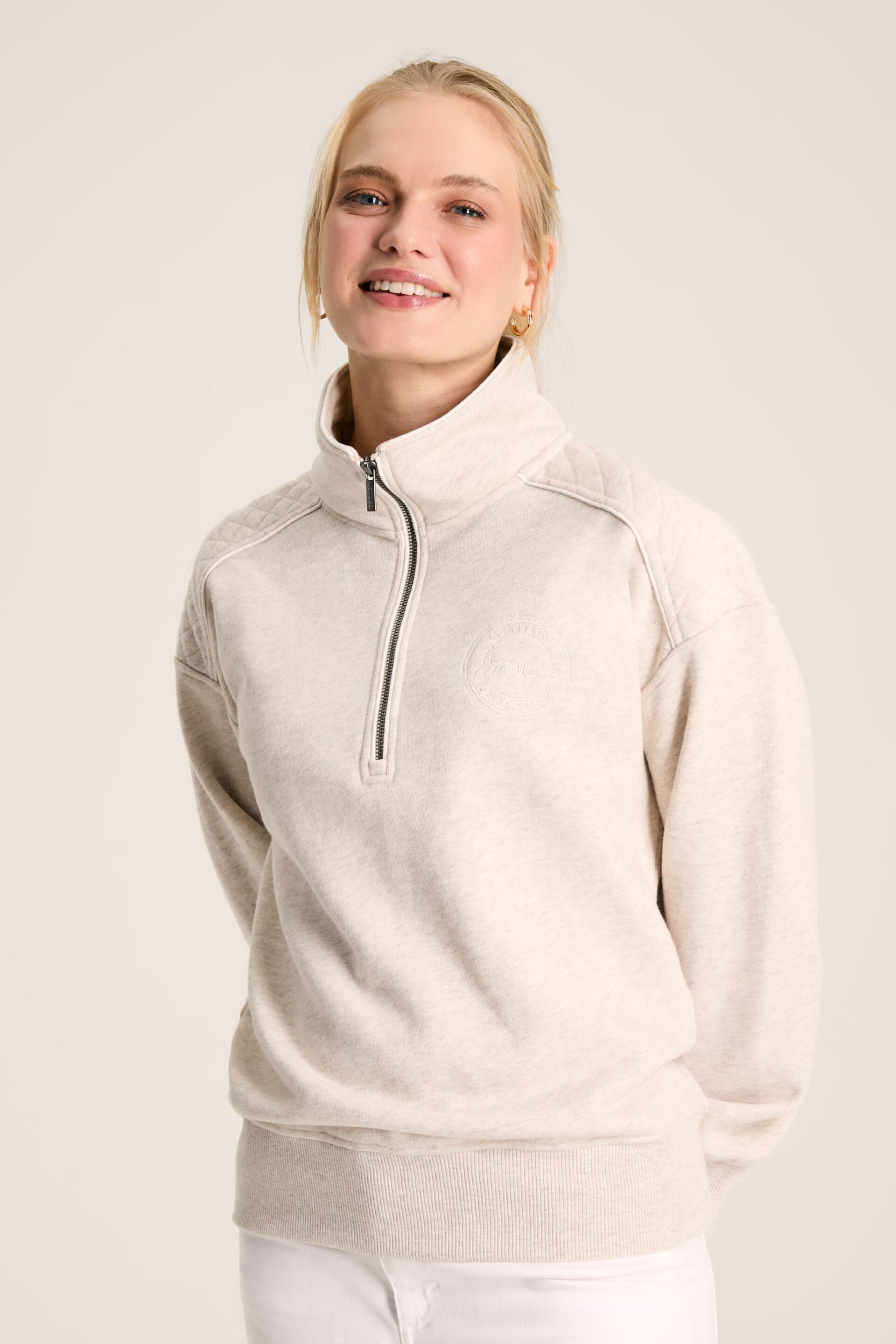 Joules Racquet Oat marl Cotton Quarter Zip Sweatshirt - Image 1 of 7