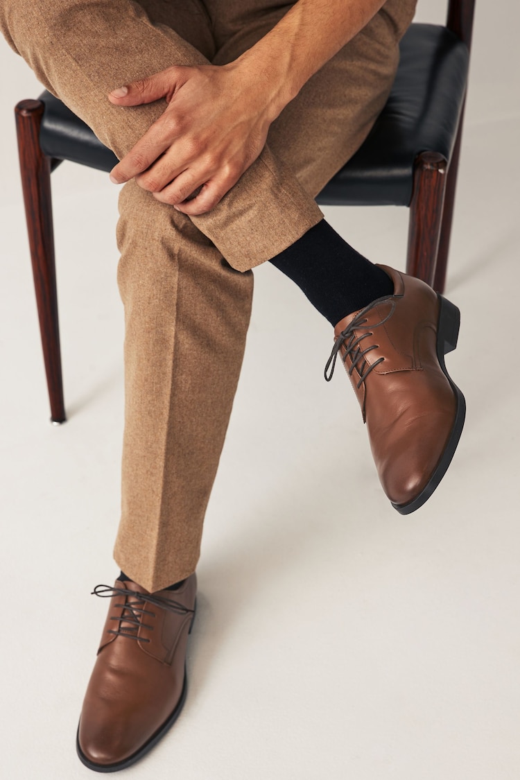 Tan Brown Regular Fit Leather Plain Derby Shoes - Image 1 of 7