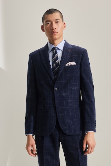Navy Tailored Textured Check Suit: Jacket