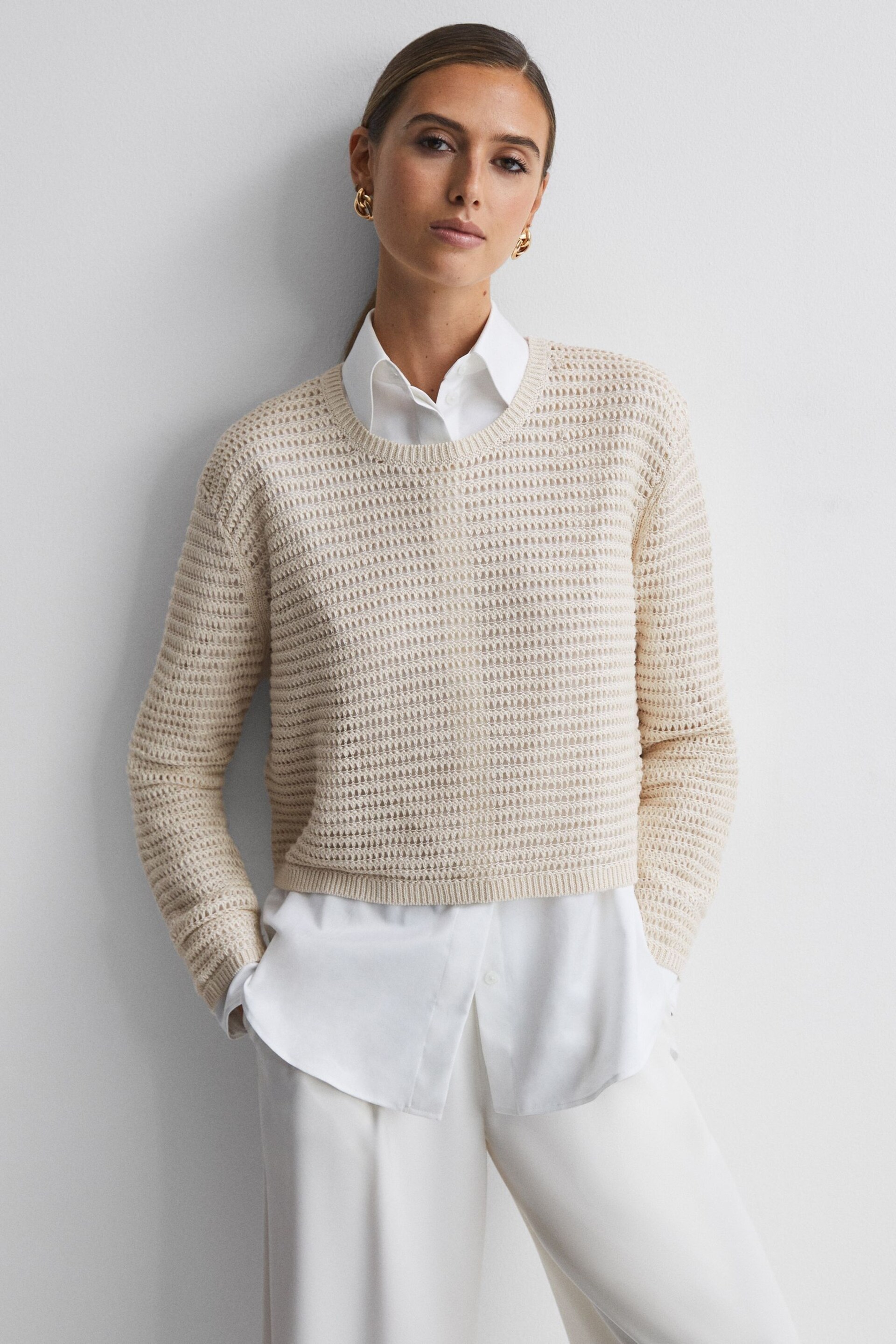 Reiss Ivory Avril Linen Open Stitch Crew Neck Jumper - Image 1 of 4
