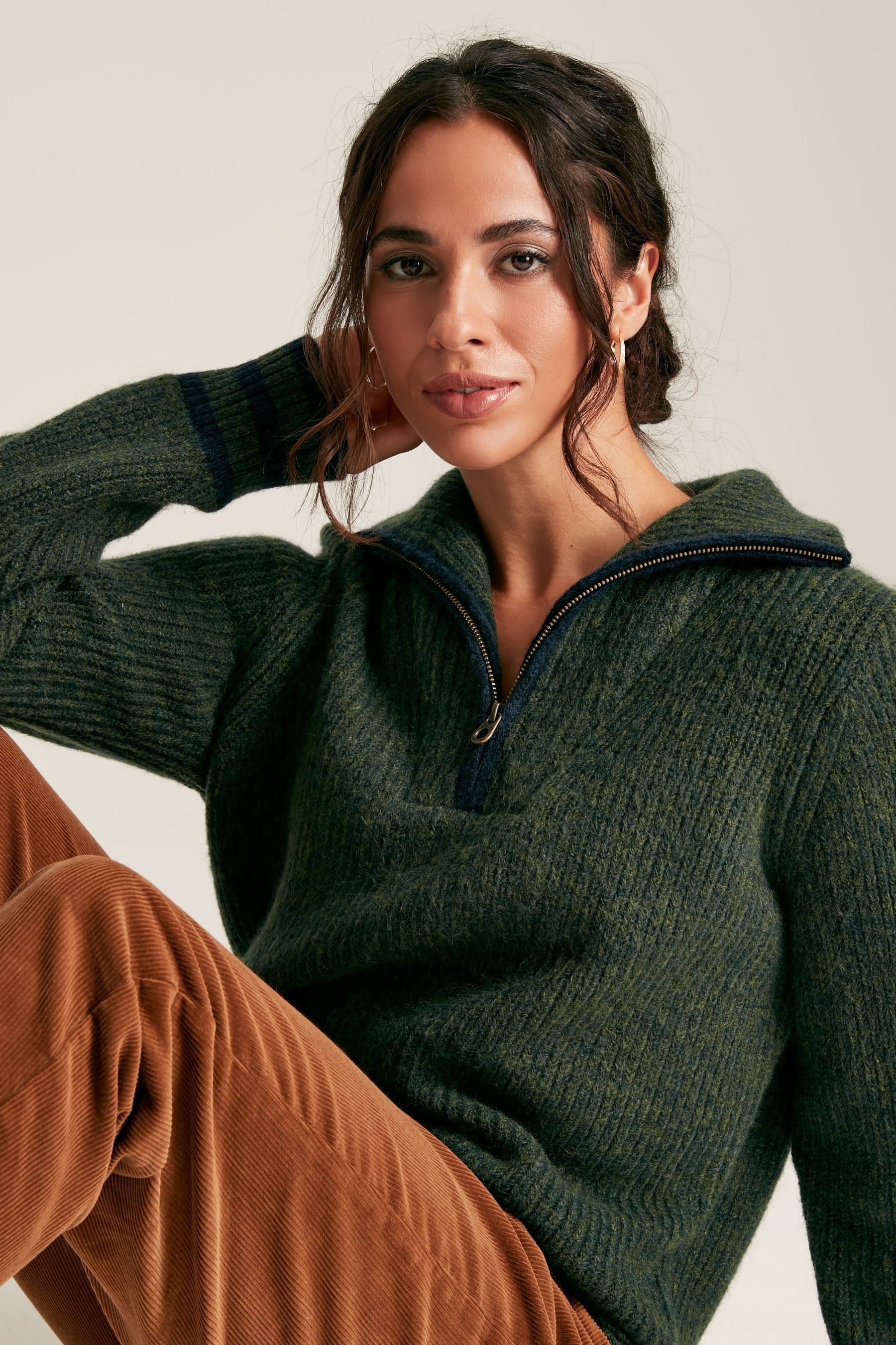 Joules Jada Dark Green Quarter Zip Rib Knit Jumper