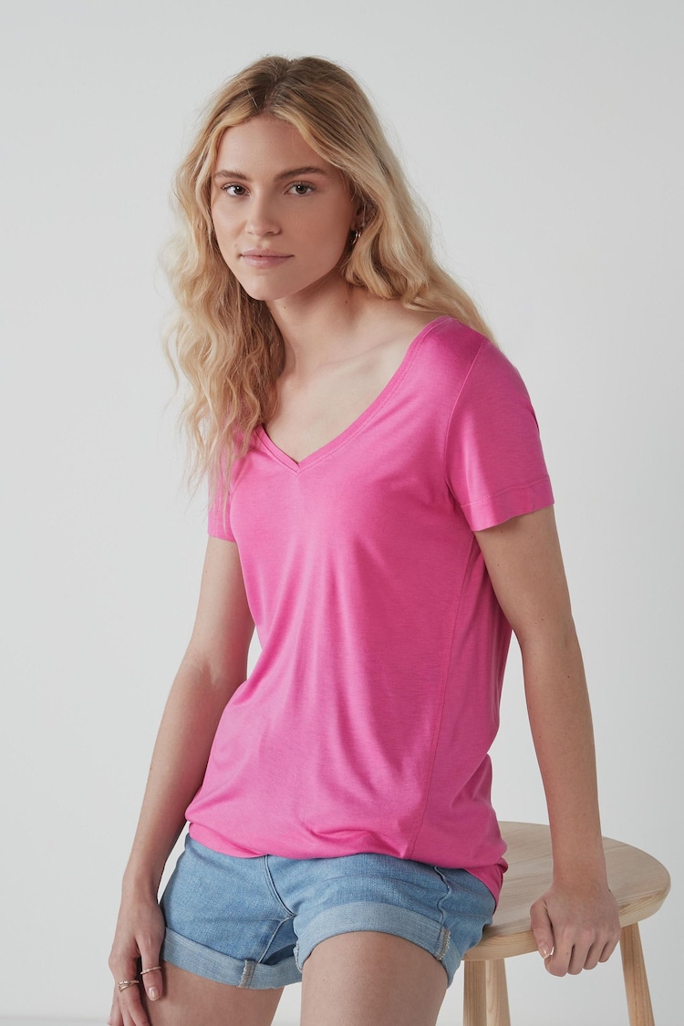 Bright Pink Slouch V-Neck T-Shirt - Image 1 of 5