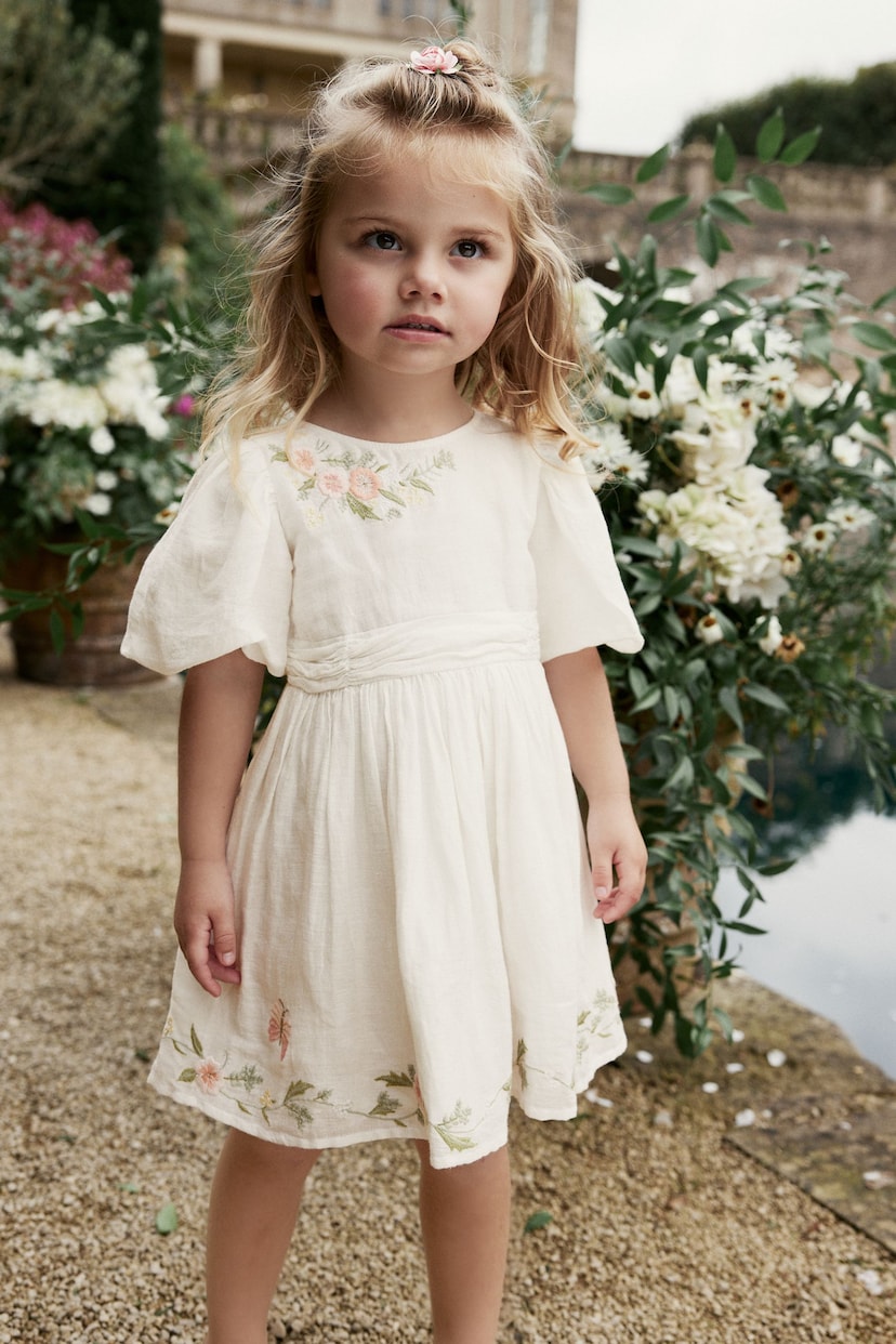 White Embroidered Cotton/Linen Blend Dress (3mths-10yrs) - Image 1 of 7