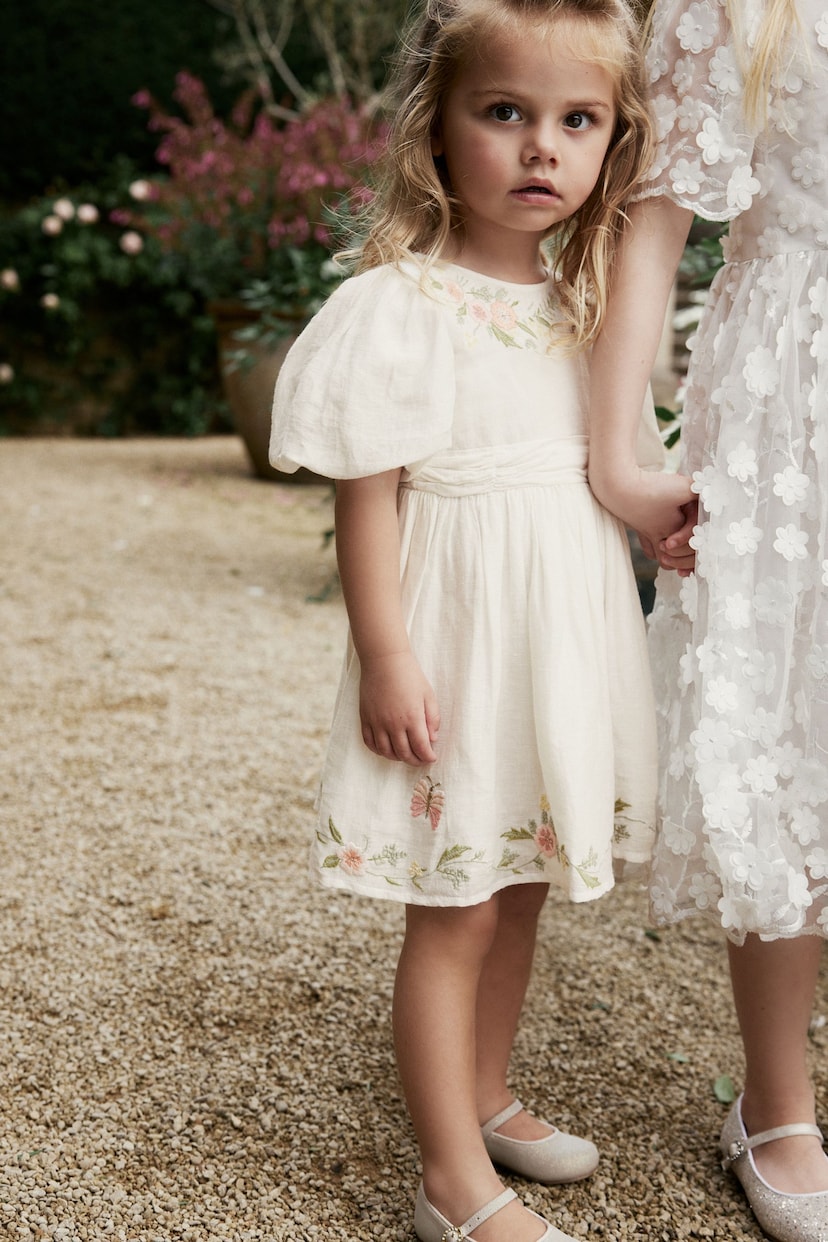 White Embroidered Cotton/Linen Blend Dress (3mths-10yrs) - Image 2 of 7