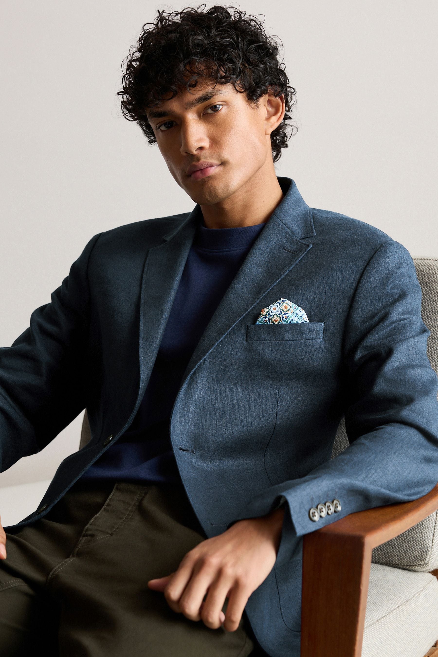 Navy Blue Linen Blend Blazer