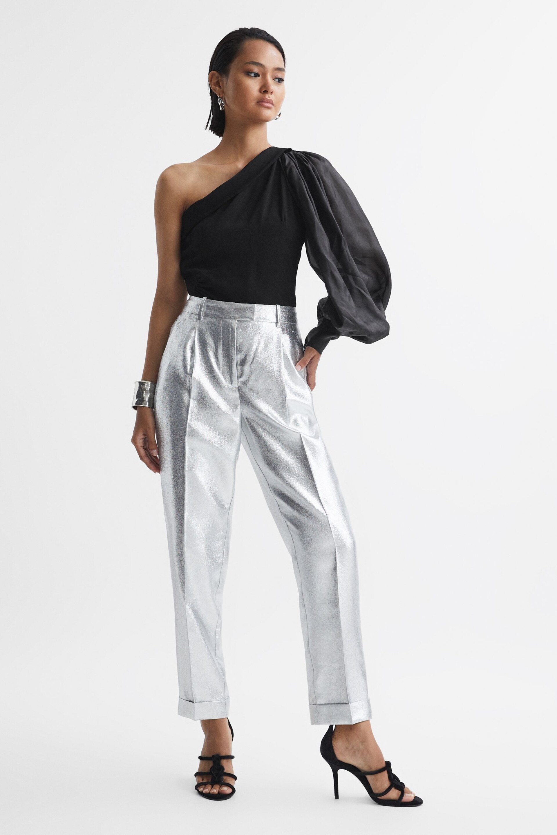 Reiss Black Renee One-Shoulder Blouson Sleeve Ruche Top - Image 1 of 5