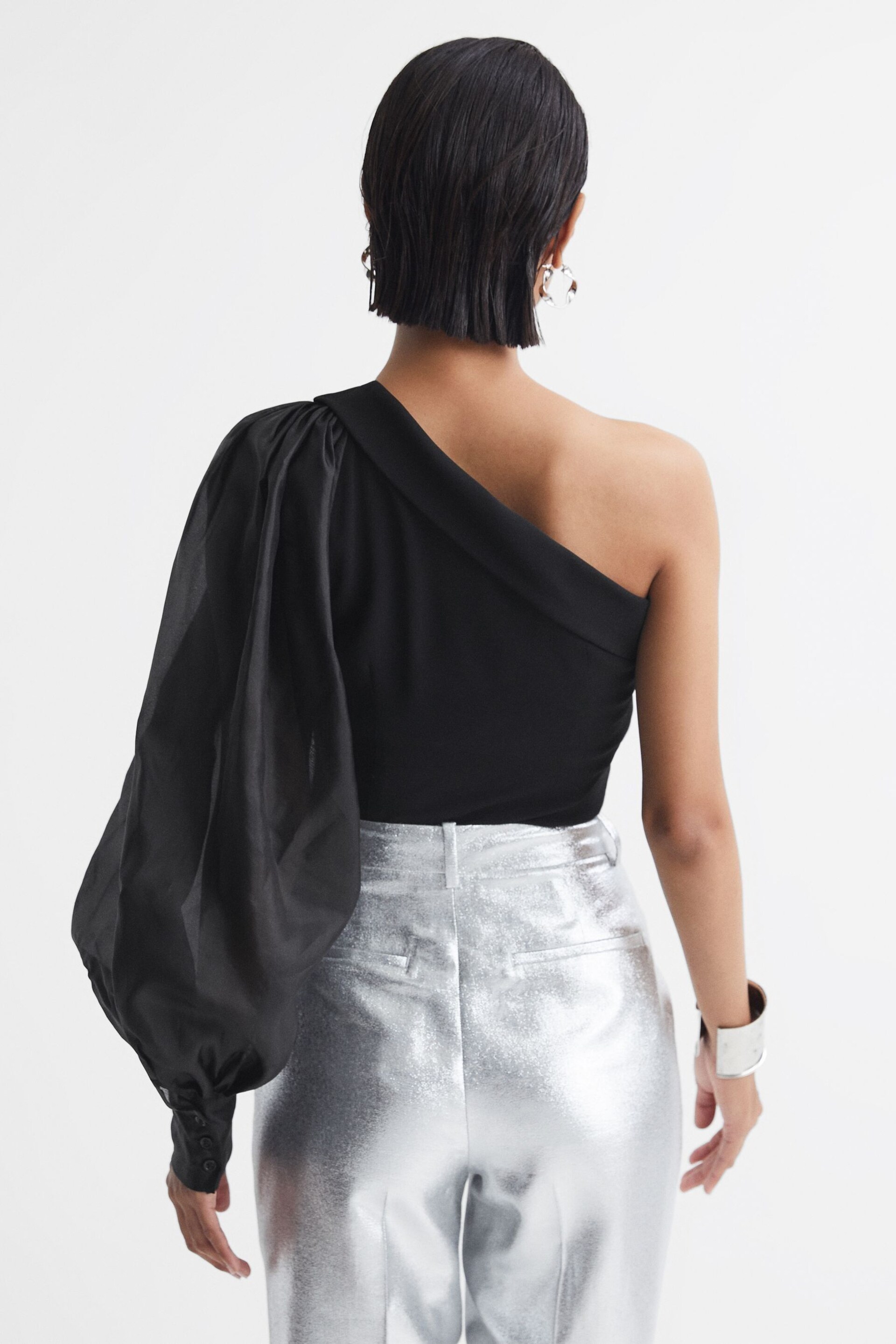 Reiss Black Renee One-Shoulder Blouson Sleeve Ruche Top - Image 5 of 5