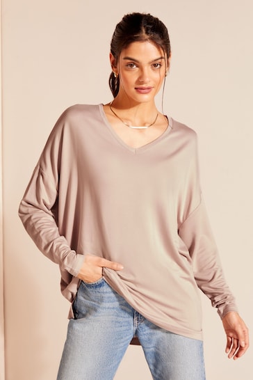 Friends Like These Mink Brown Long Sleeve V Neck Super Soft Jersey Tunic