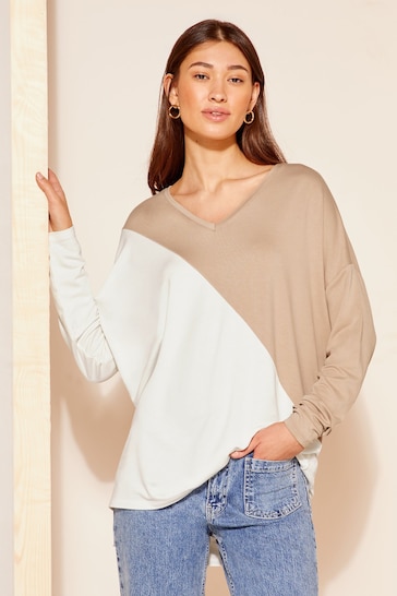 Friends Like These Cream Soft Jersey V Neck Long Sleeve Tunic Top