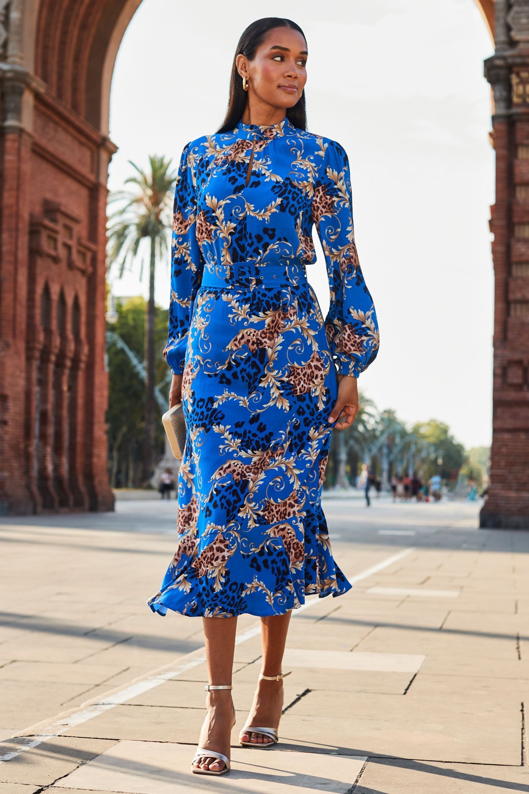 Buy Sosandar Blue Conversational Belted Fit And Flare Dress from the Next UK online shop