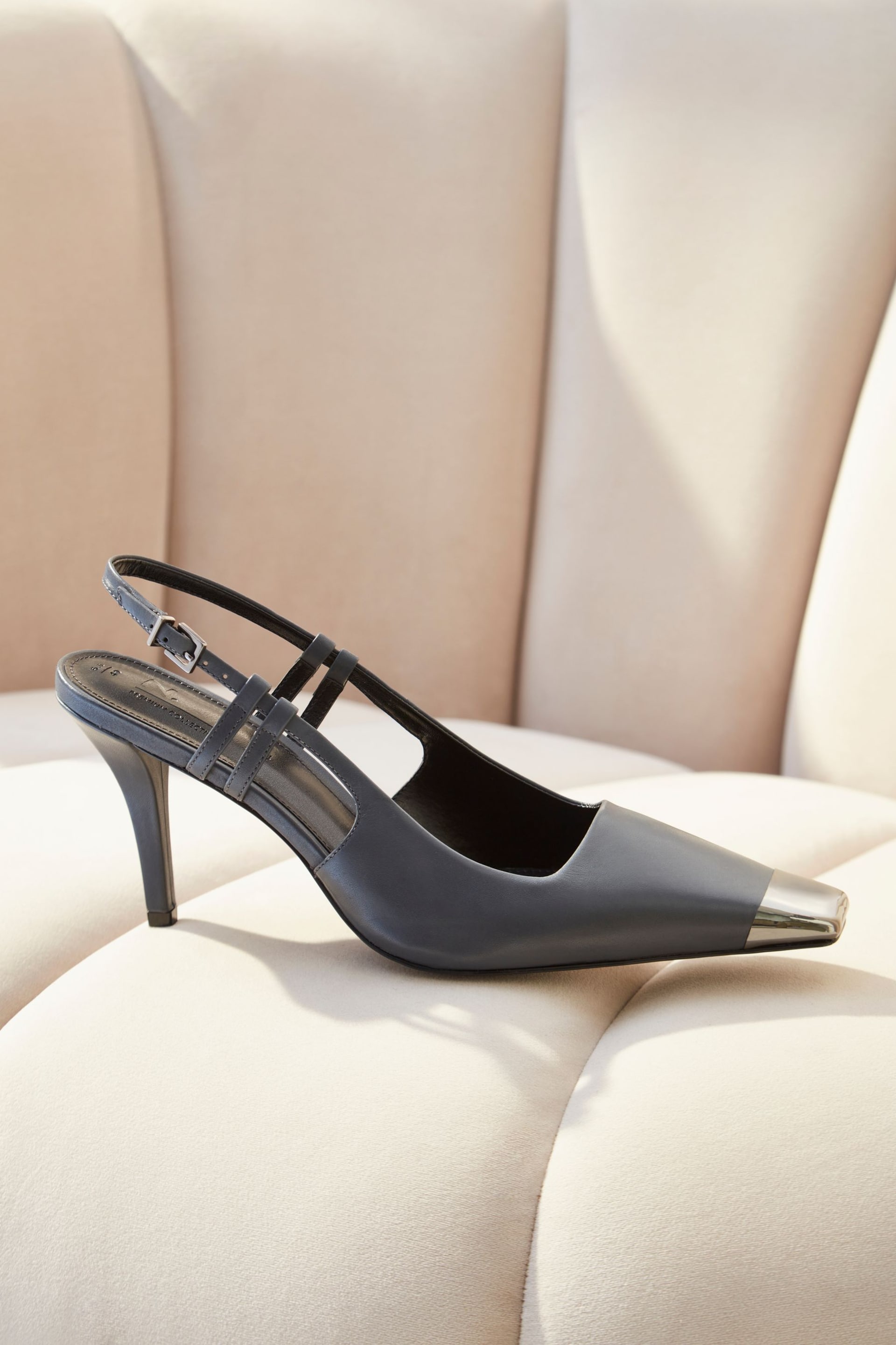 Grey Premium Leather Metal Chisel Toe Slingback Heel Shoes - Image 2 of 6