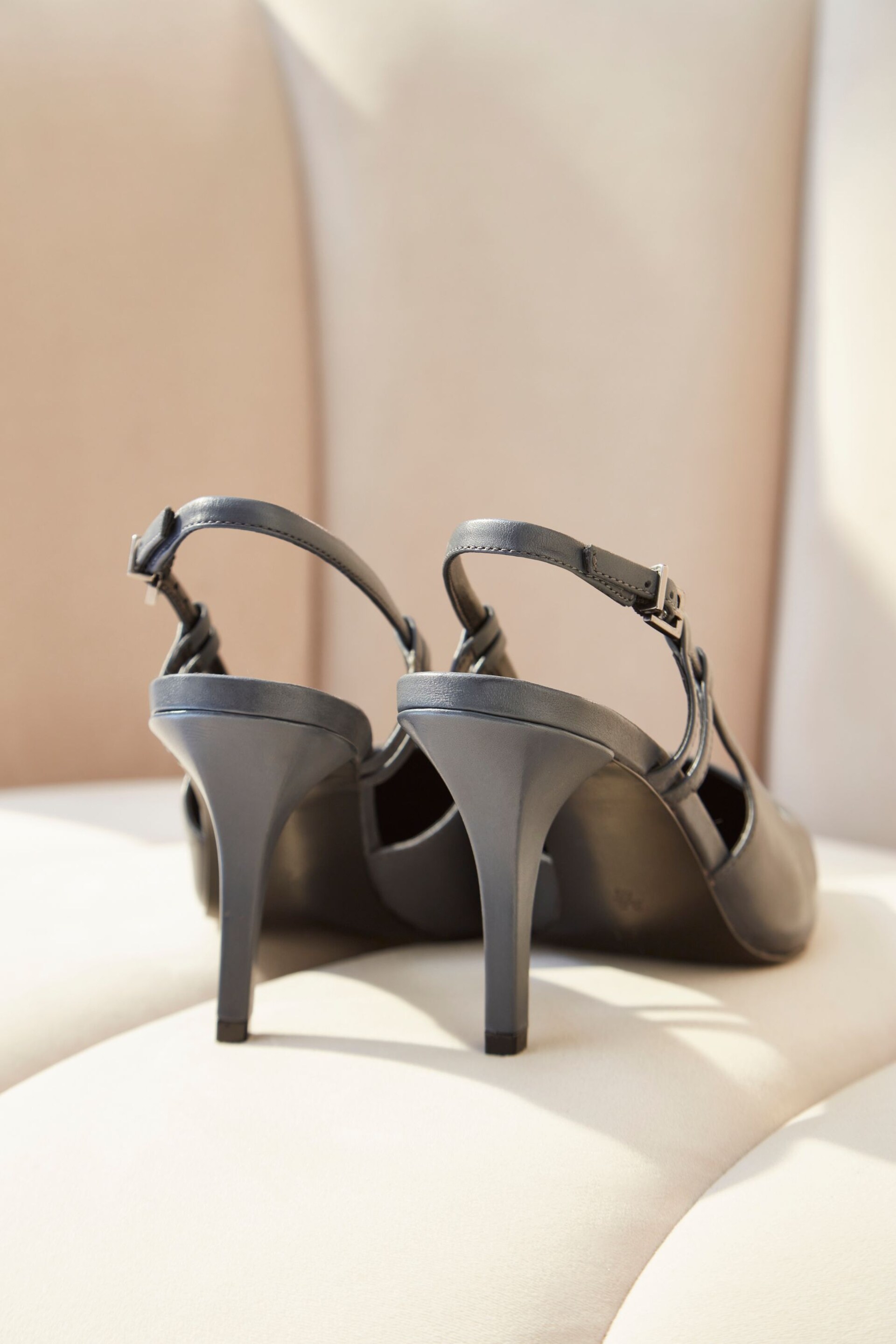 Grey Premium Leather Metal Chisel Toe Slingback Heel Shoes - Image 4 of 6