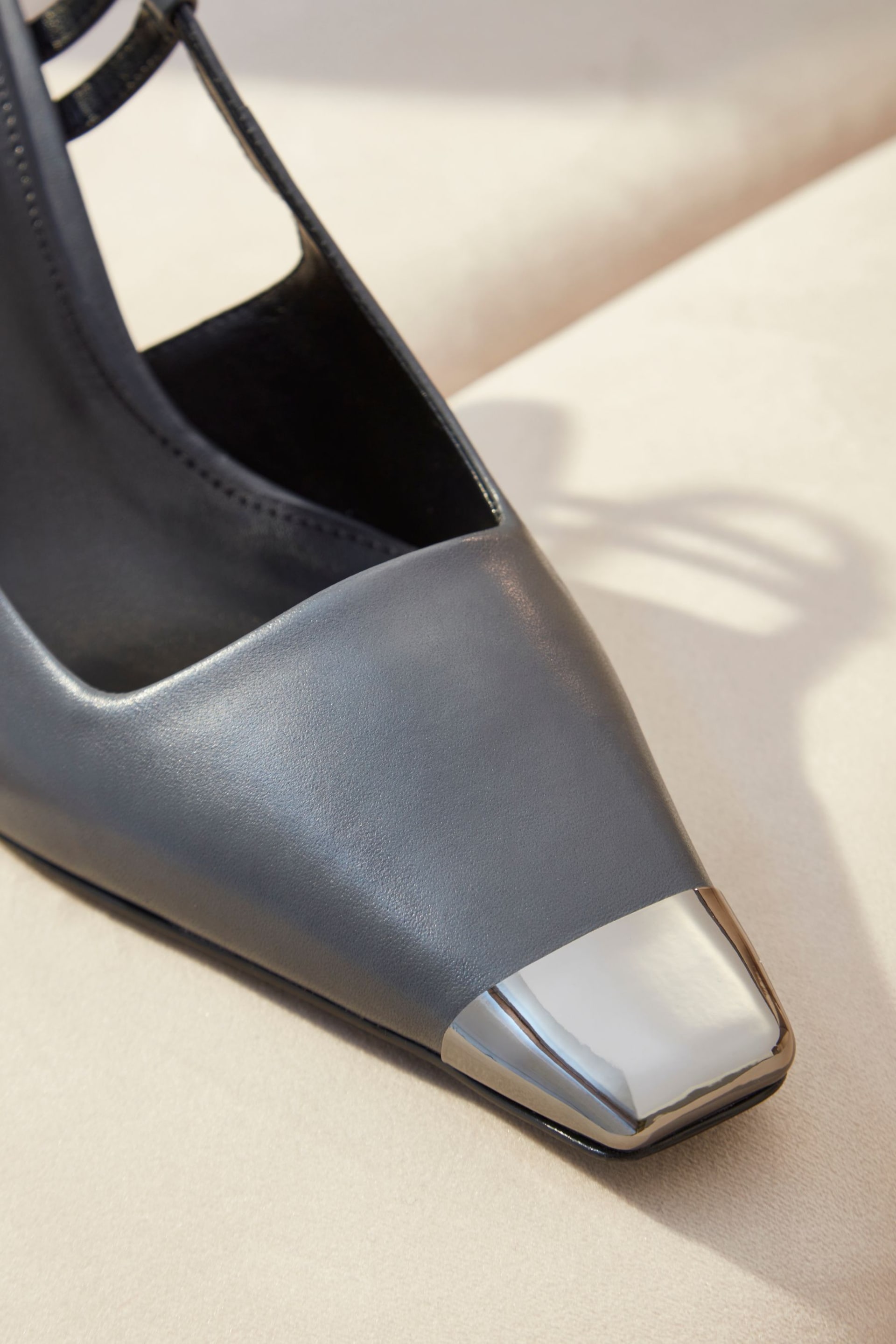 Grey Premium Leather Metal Chisel Toe Slingback Heel Shoes - Image 5 of 6