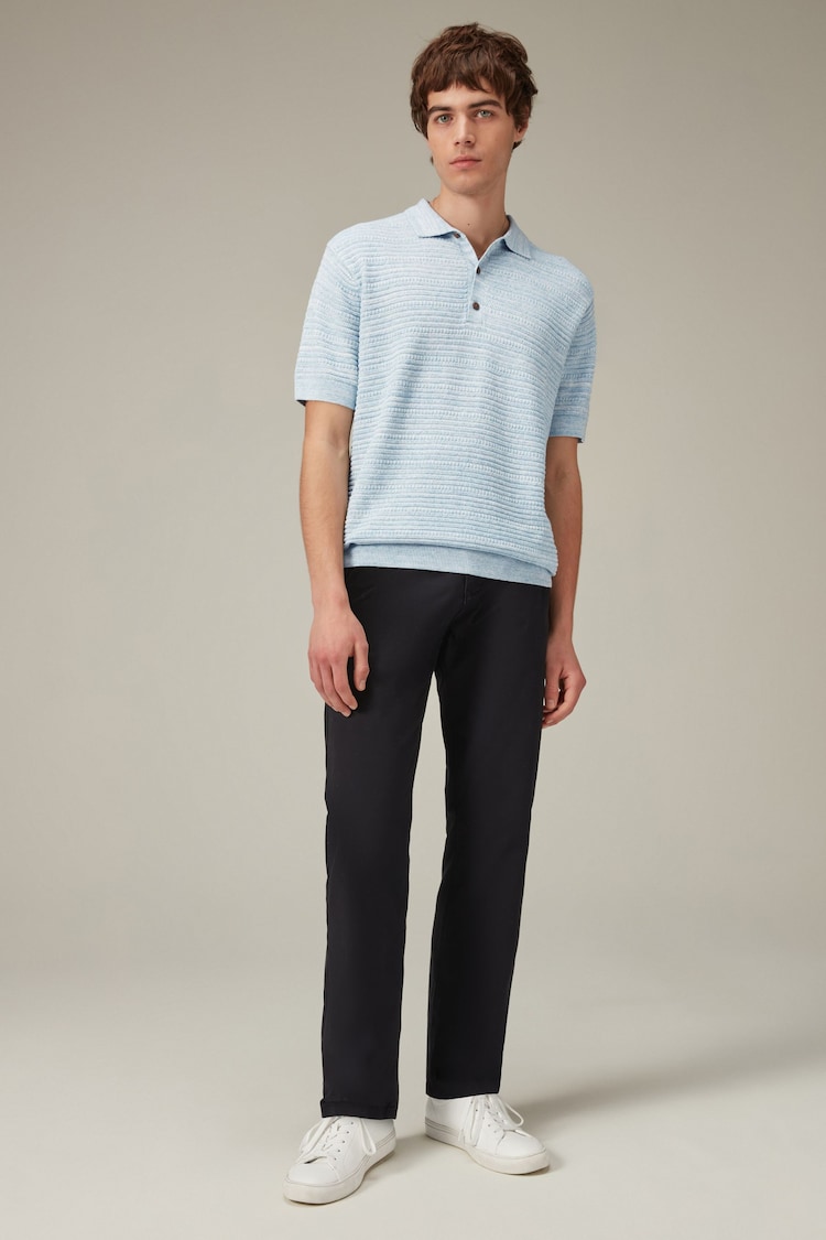 Blue Texture Linen Blend Knitted Polo Shirt - Image 2 of 7