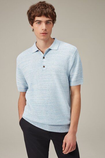 Blue Texture Knitted Linen Blend Relaxed Fit Polo Shirt