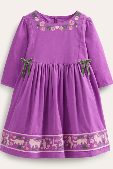 Boden Purple Christmas Embroidered Cord Dress