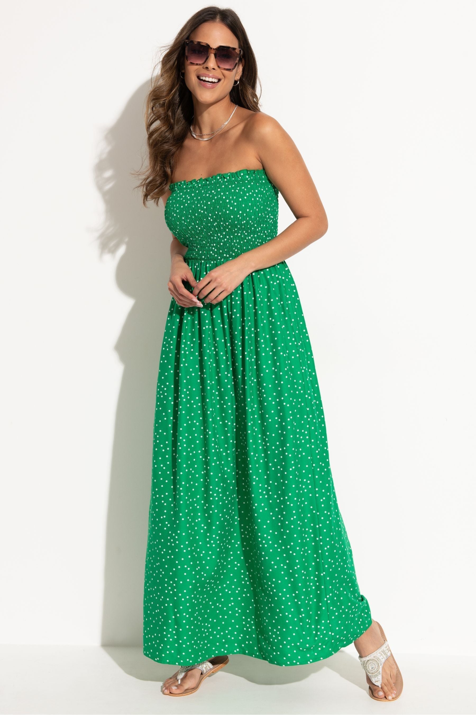 Buy Pour Moi Green Spot Strapless Shirred Bodice Maxi Beach Dress from Next Luxembourg