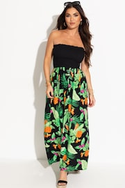 Pour Moi Black & Green Tropical Strapless Shirred Bodice Maxi Beach Dress - Image 1 of 4
