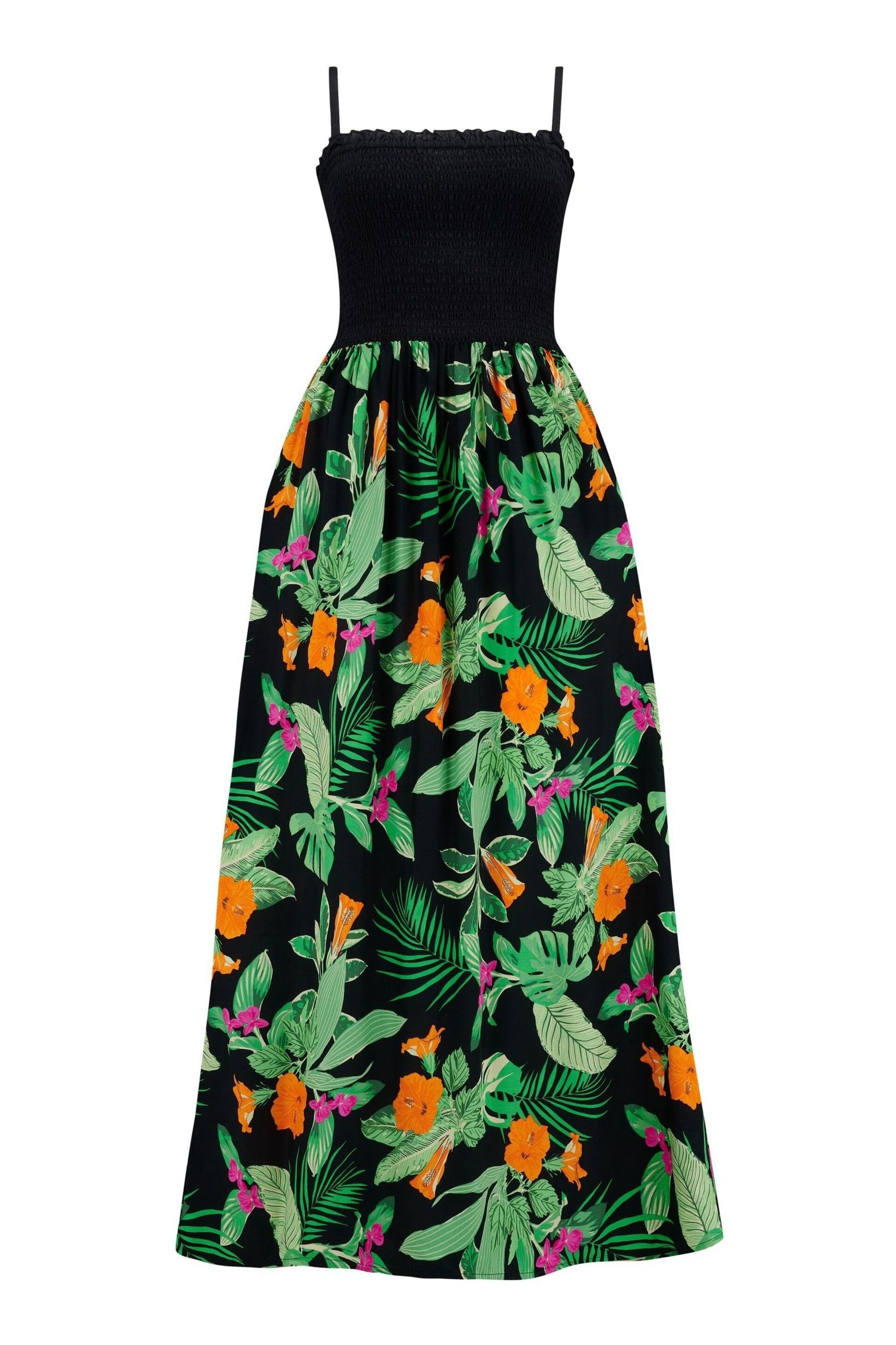 Pour Moi Black & Green Tropical Strapless Shirred Bodice Maxi Beach Dress - Image 3 of 4