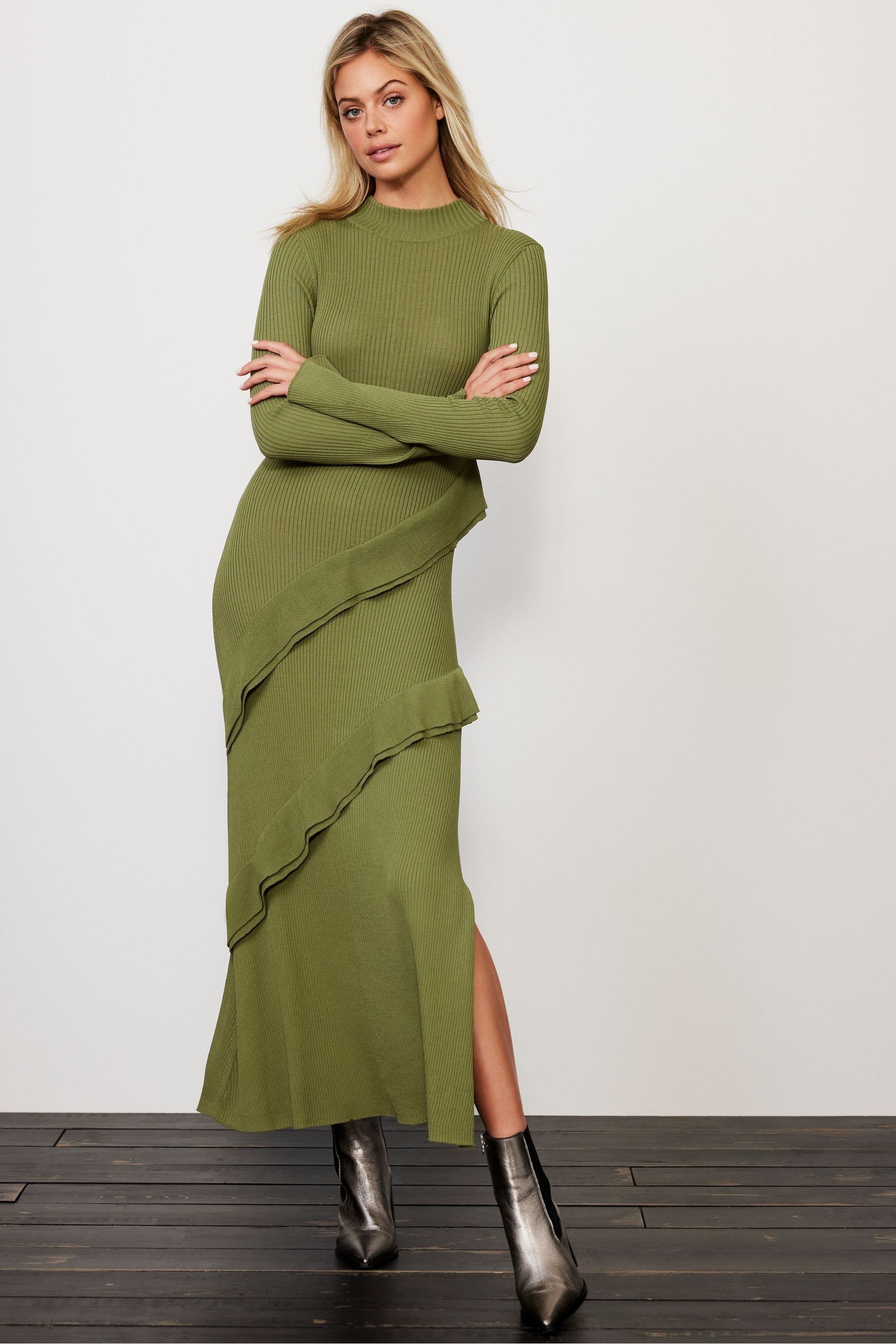 Buy Mint Velvet Green Ruffle Detail Knit Dress from Next Luxembourg