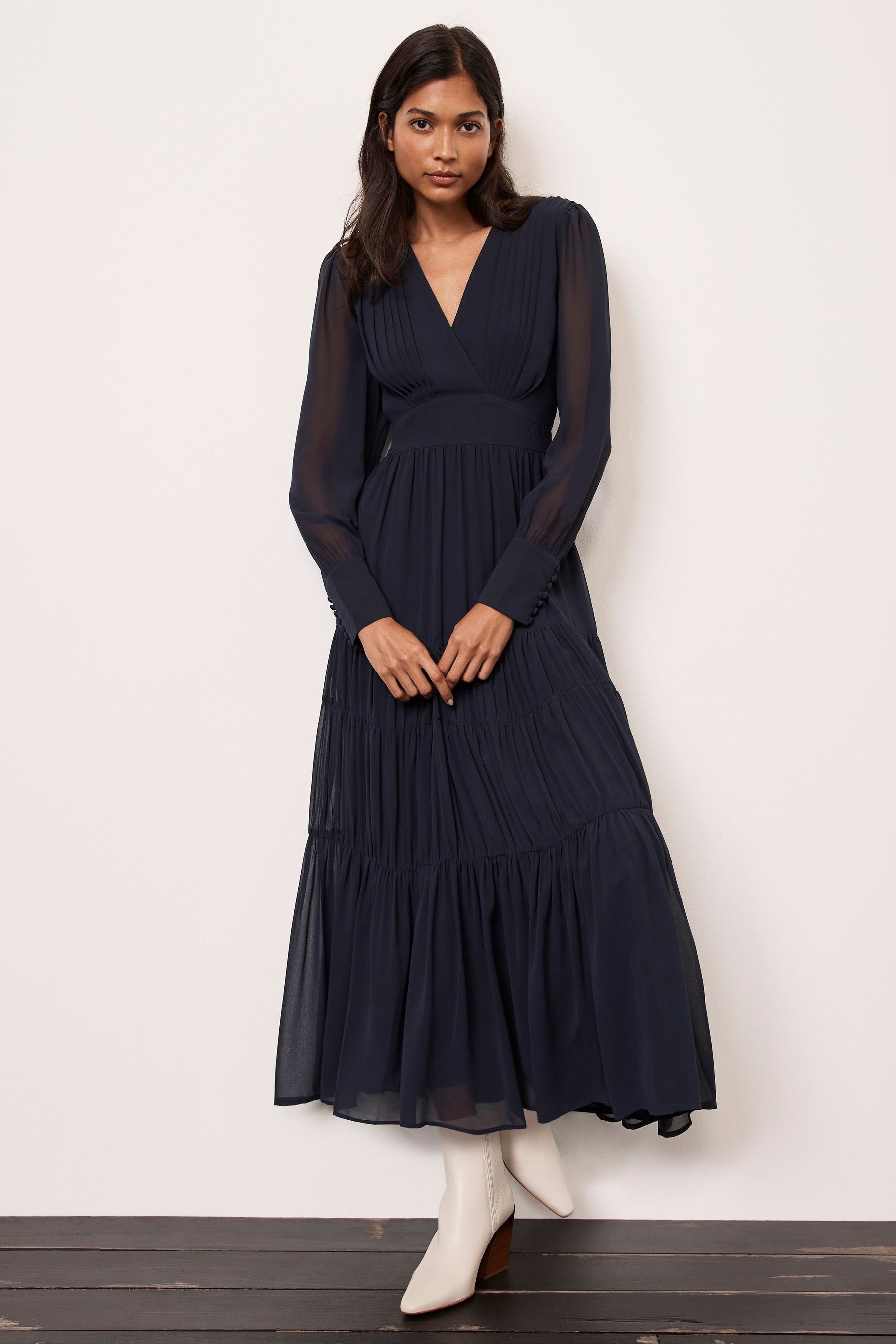 Buy Mint Velvet Blue V Neck Tiered Midi Dress from the Next UK