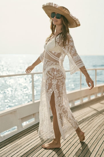 Superdry Cream Beach Cover Up Lace Maxi Dress