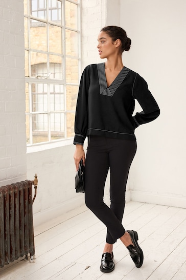 Black V-Neck Contrast Stitch Long Sleeve Blouse