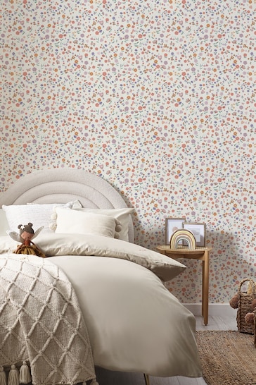 Lavender and Peach Woodland Ditsy Wallpaper
