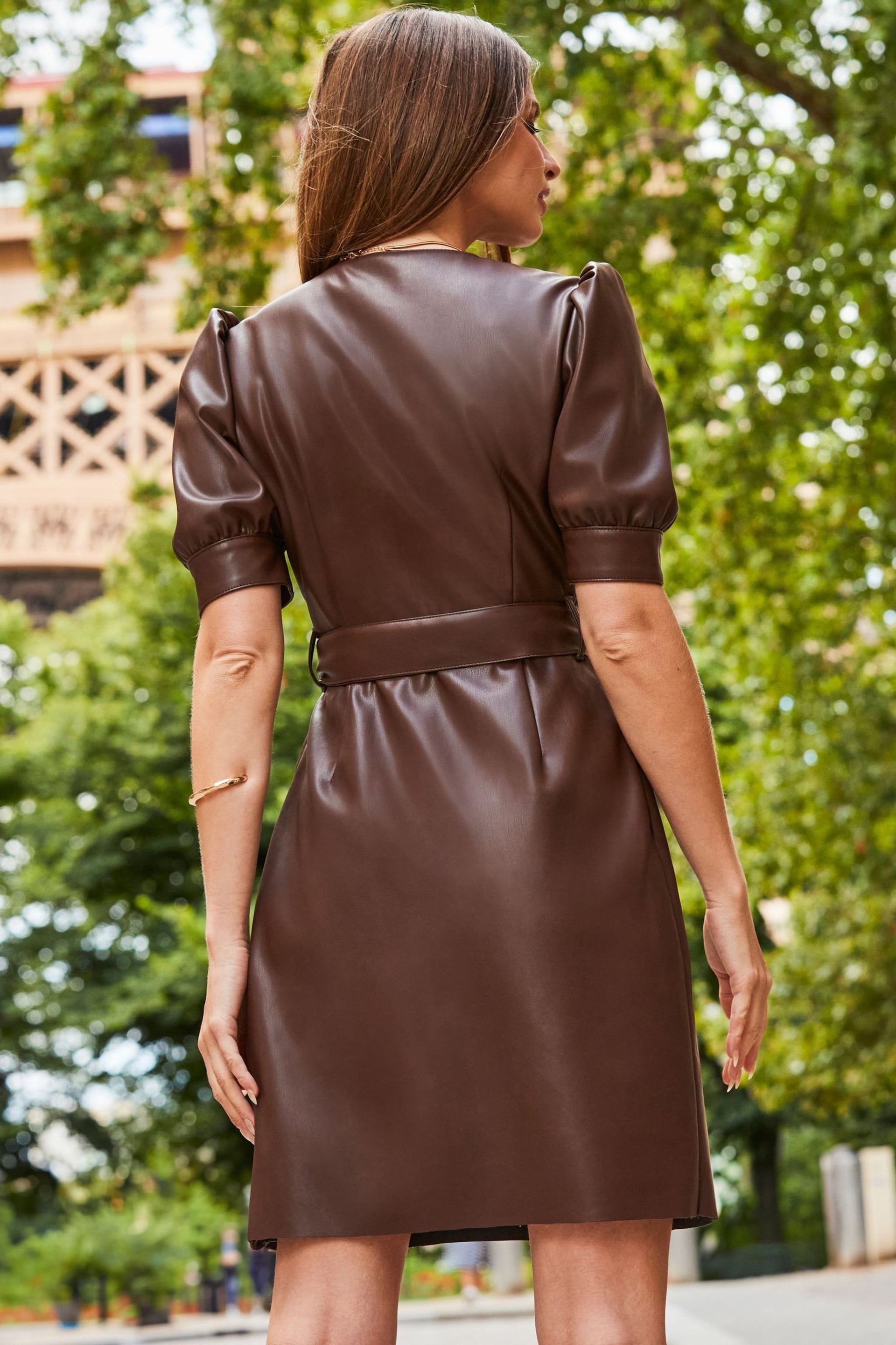 Sosandar Brown Puff Sleeve Self Covered Belt Dress - Image 2 of 5