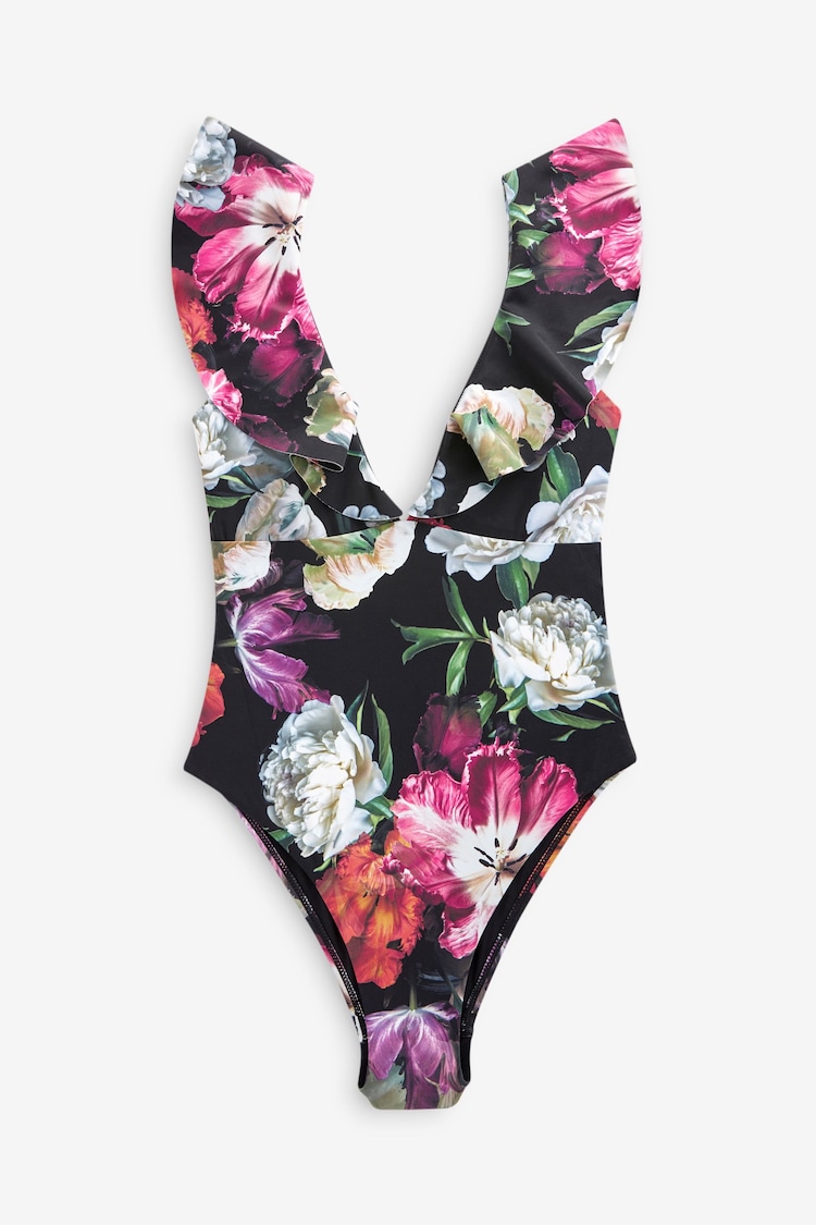 Black Photographic Floral Frill Plunge Tummy Shaping Control Swimsuit - Image 6 of 6