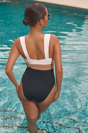 Black/Ecru/Beige Plunge Colourblock Tummy Control Swimsuit - Image 2 of 5