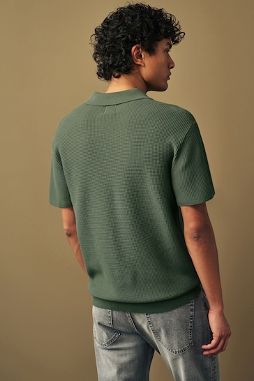 Green Knitted Waffle Textured Regular Fit Polo Shirt