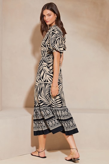 Lipsy Natural Palm Print Puff Sleeve Shirt Midi Dress