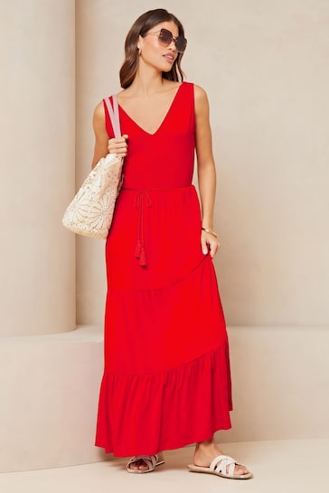 Lipsy Red Jersey Belted V Neck Tiered Maxi Dress