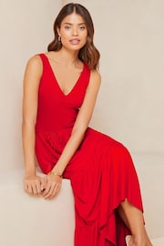 Lipsy Red Jersey Belted V Neck Tiered Maxi Dress - Image 3 of 4