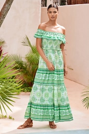 Lipsy Green Shirred Bardot Tiered Maxi Holiday Printed Dress - Image 1 of 4