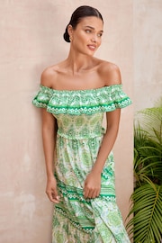 Lipsy Green Shirred Bardot Tiered Maxi Holiday Dress - Image 2 of 4