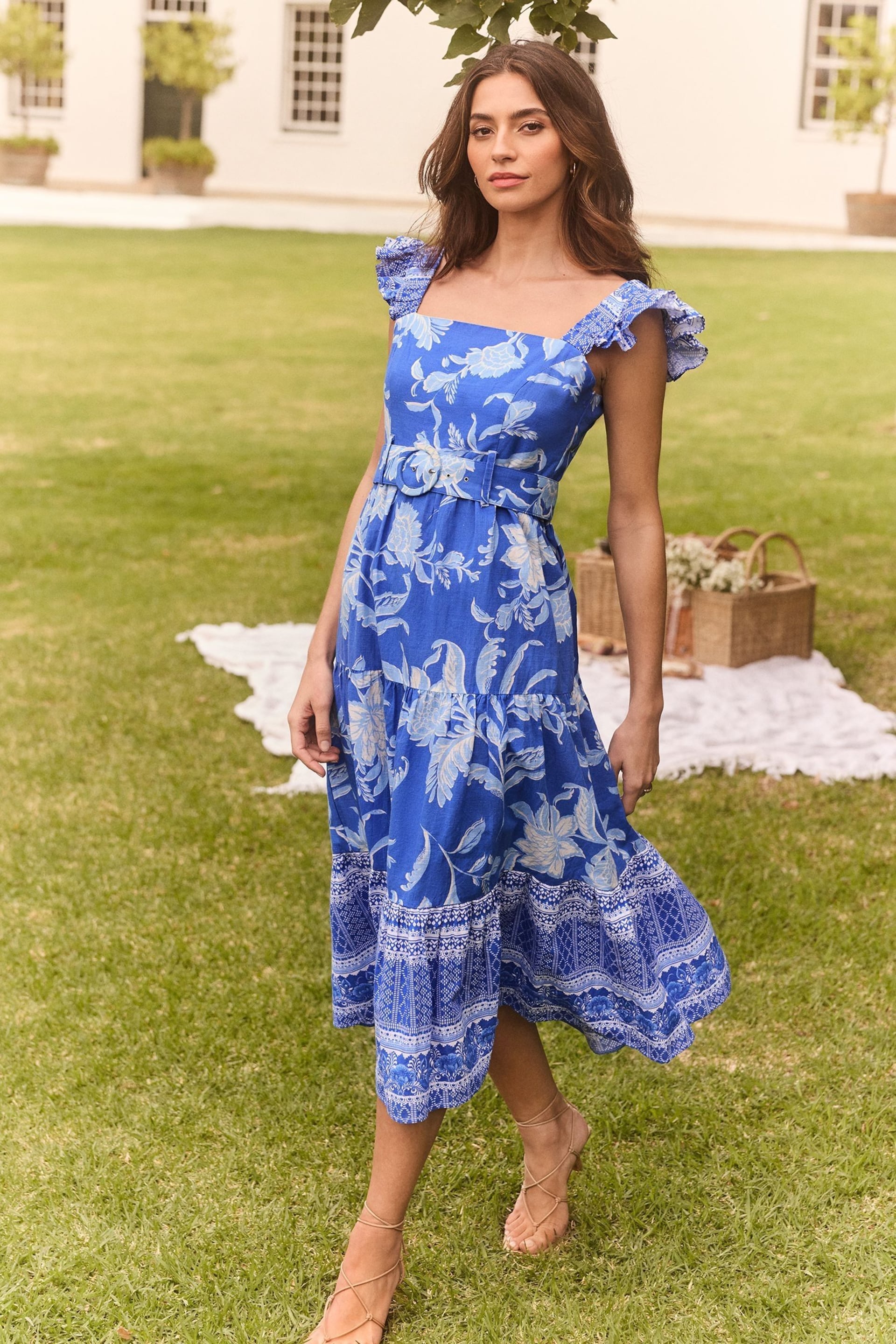 Lipsy Blue Ruffle Floral Belted Midi Linen Look Dress - Image 2 of 4
