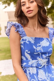 Lipsy Blue Ruffle Floral Belted Midi Linen Look Dress - Image 3 of 4