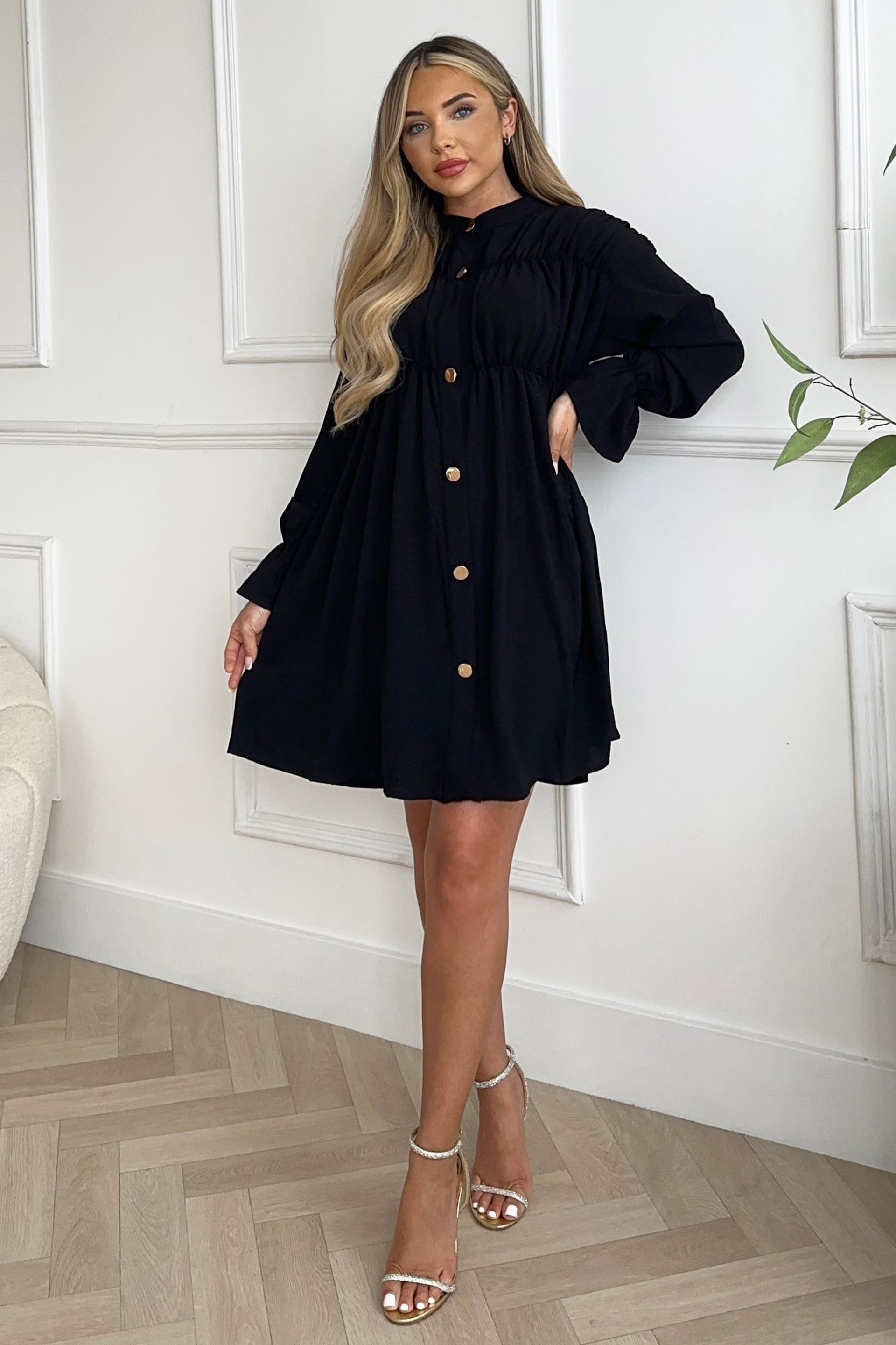 AX Paris Long Sleeve Gathered Detail Button Front Black Dress - Image 1 of 4