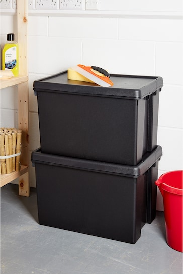 Wham Set of 2 Black Bam 62L Heavy Duty Plastic Recycled Boxes With Lid