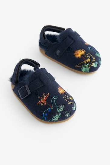 Navy Dinosaur Faux Fur Lined Clog Slippers