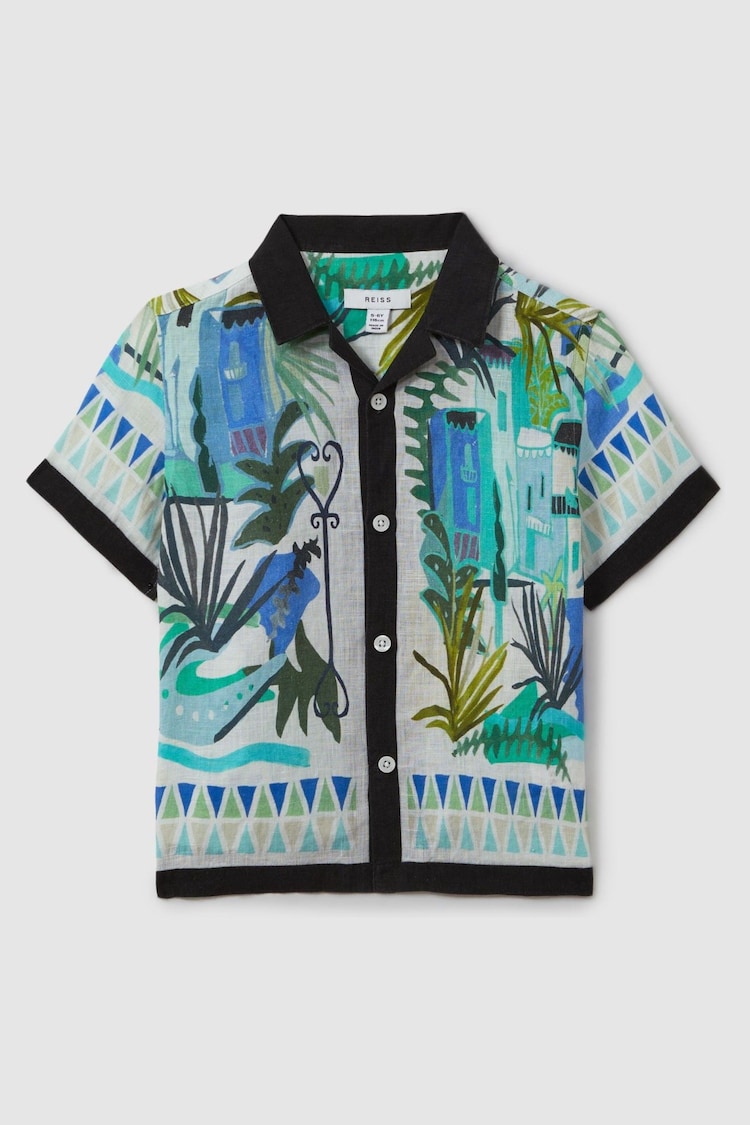 Reiss Blue Multi Belize Junior Printed Cuban Collar Shirt - Image 2 of 4