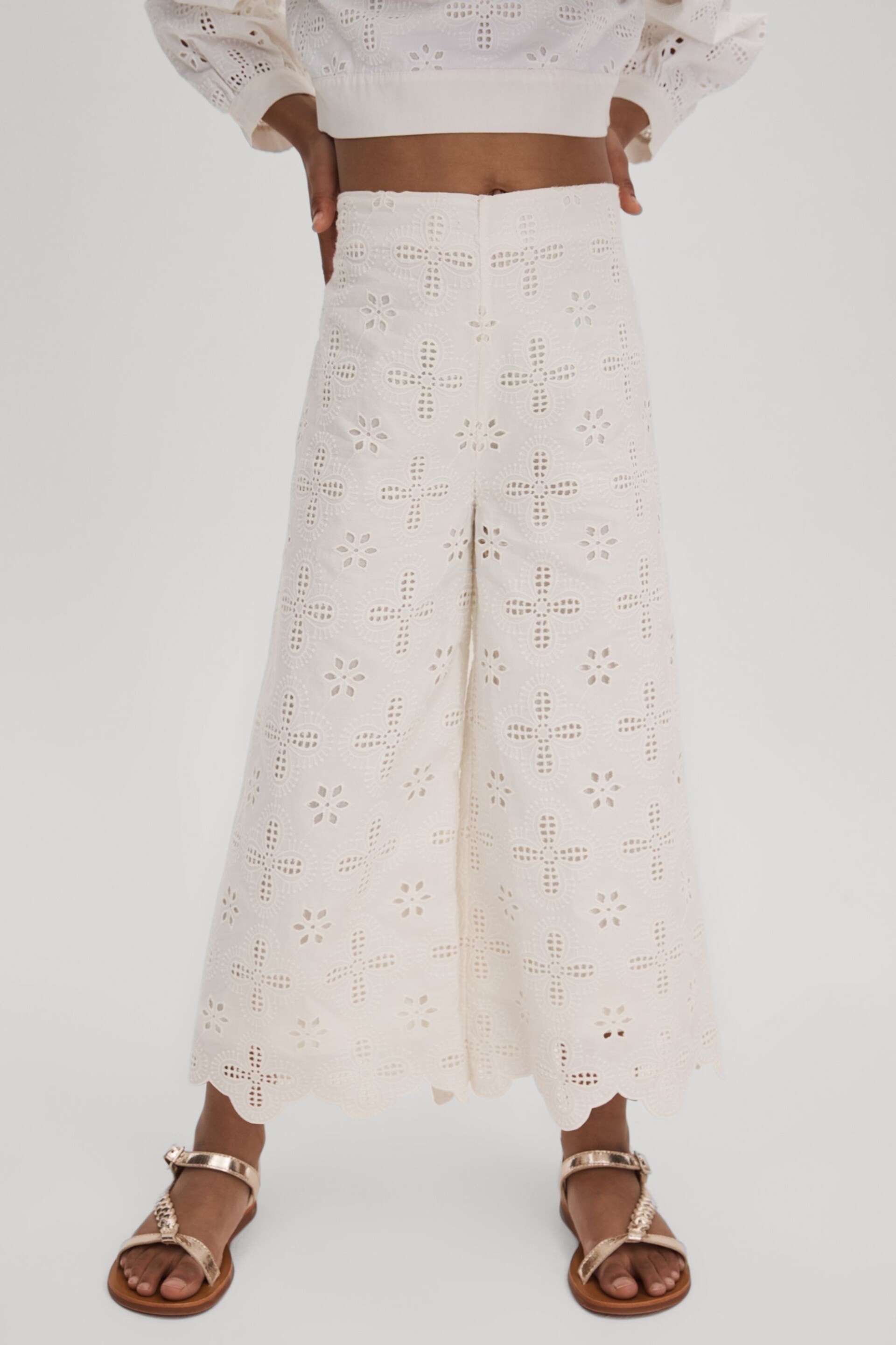 Reiss Ivory Nella Junior Cotton Broderie Lace Trousers - Image 3 of 4